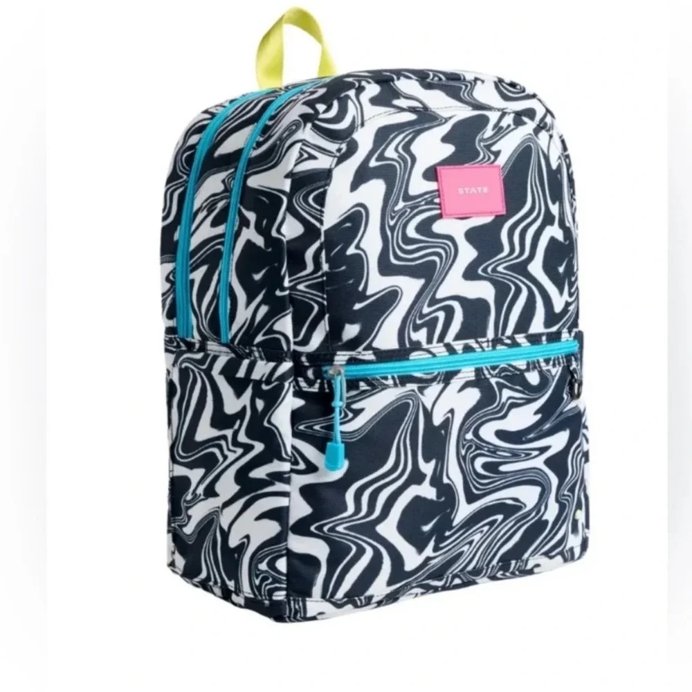 STATE Kane Double Pocket Large Kids Backpack Marble Swirl Black White Neon NWT